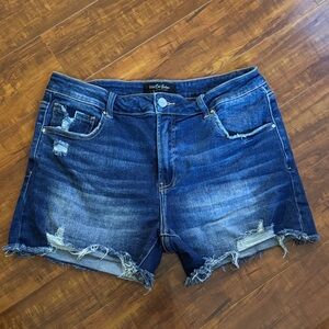 Risen brand Women’s Distressed Denim Shorts - Dark Blue